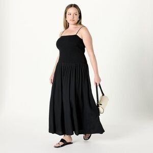 THE DROP 'Florencia' Flowy Black Smocked Linen Maxi Vacation Dress - Size XXL